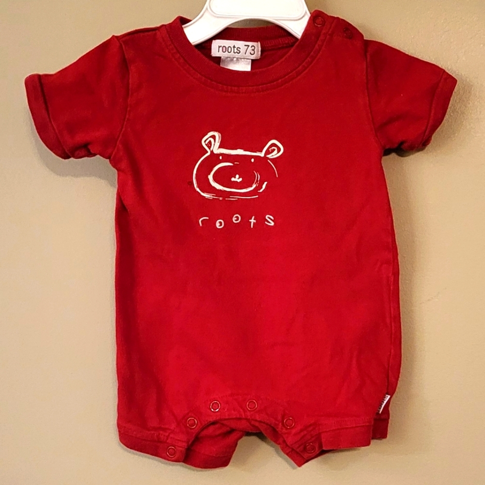 Roots 73 red short romper with bear detail